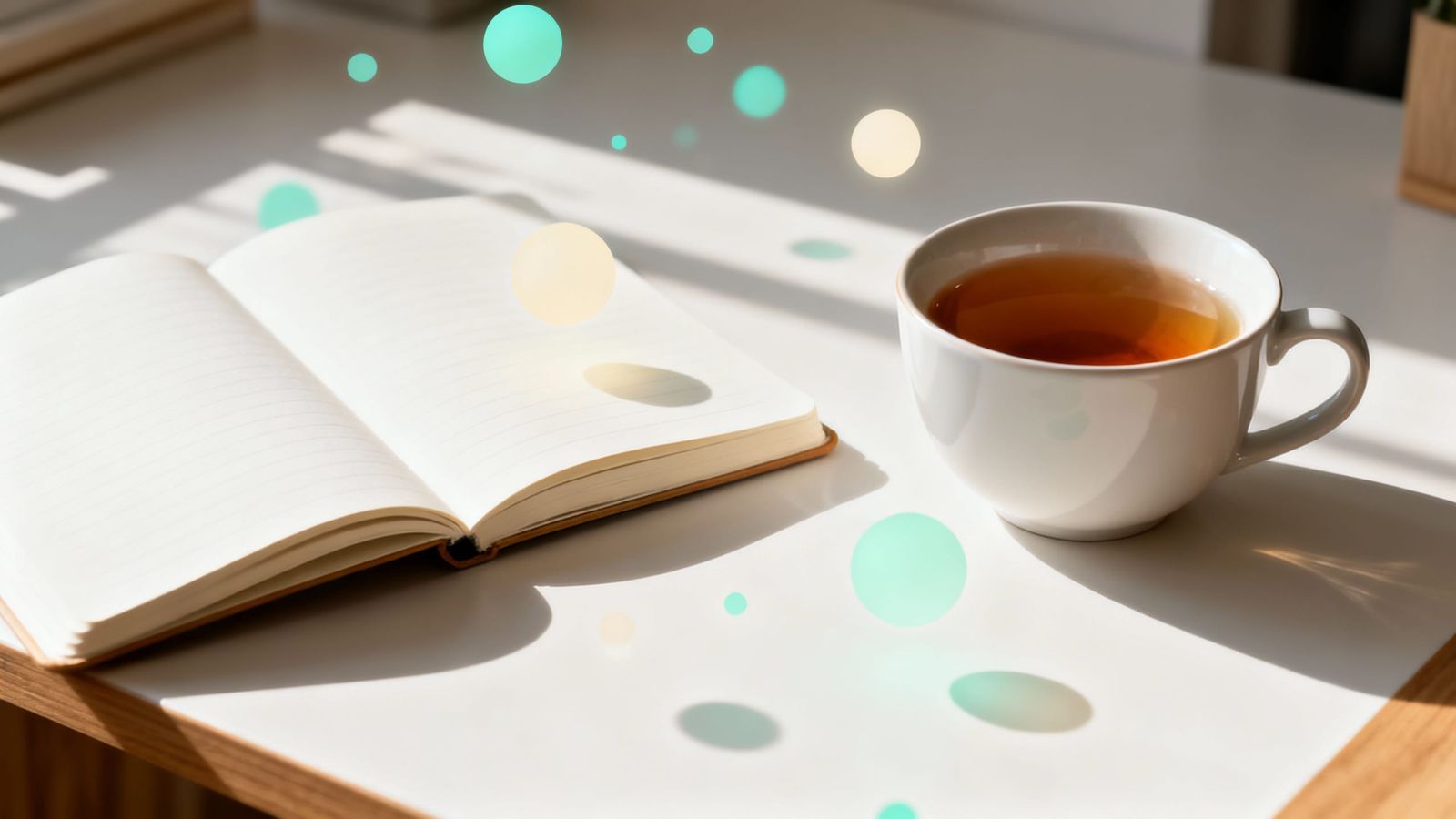 Minimal Desk Scene with Soft Light and Pastel Particles