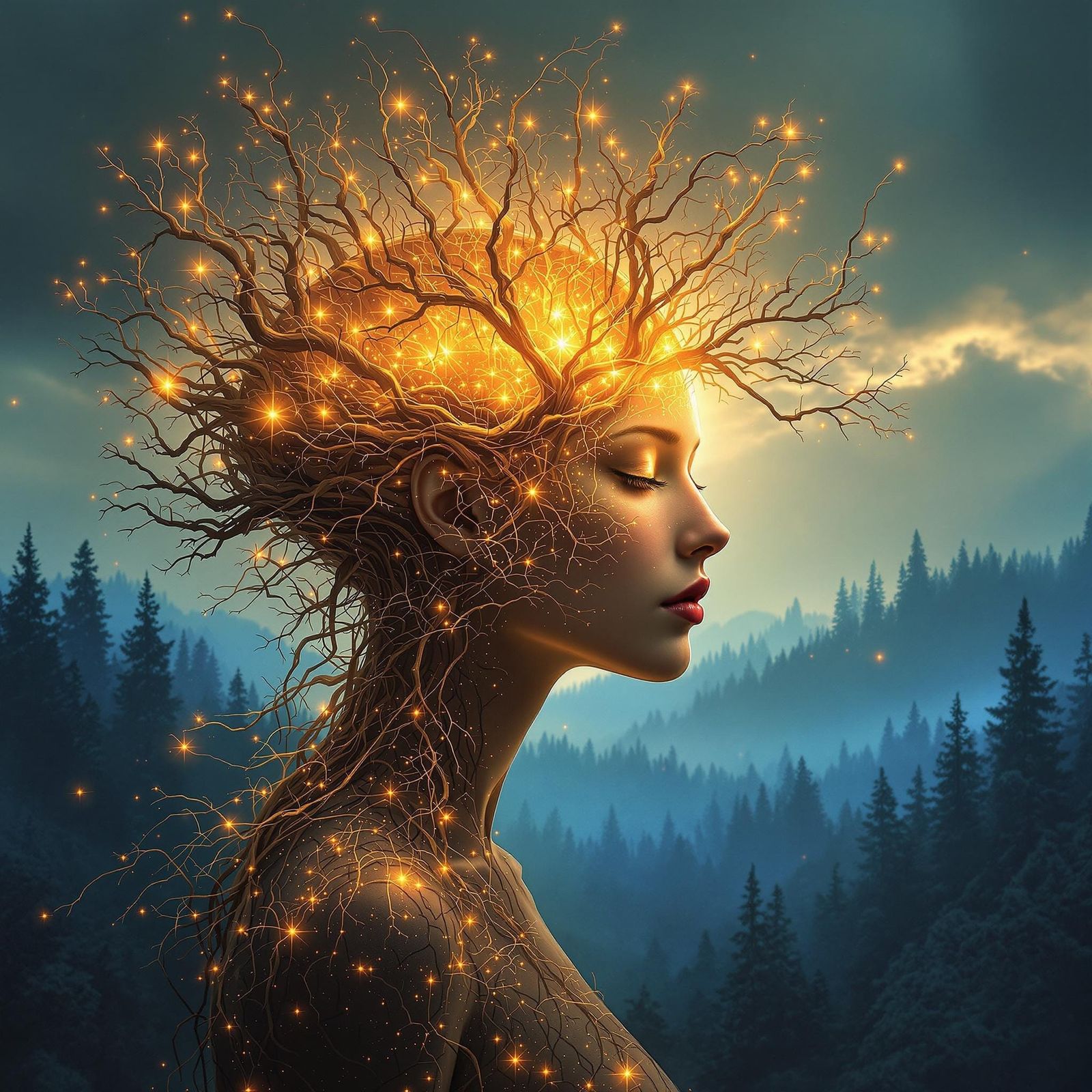 Ethereal Portrait with Amber-Hued Head and Twisting Tree Bra...