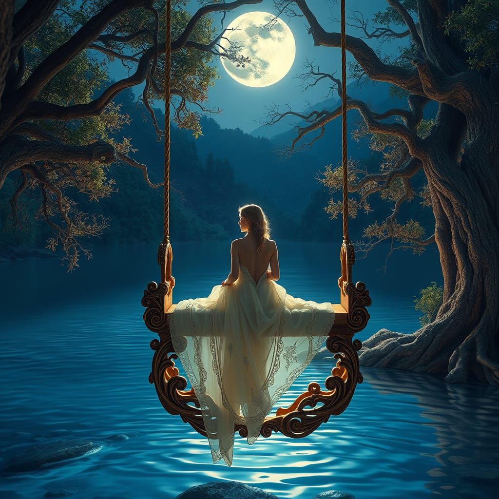 Mystical Woman in Moonlit Lake Landscape