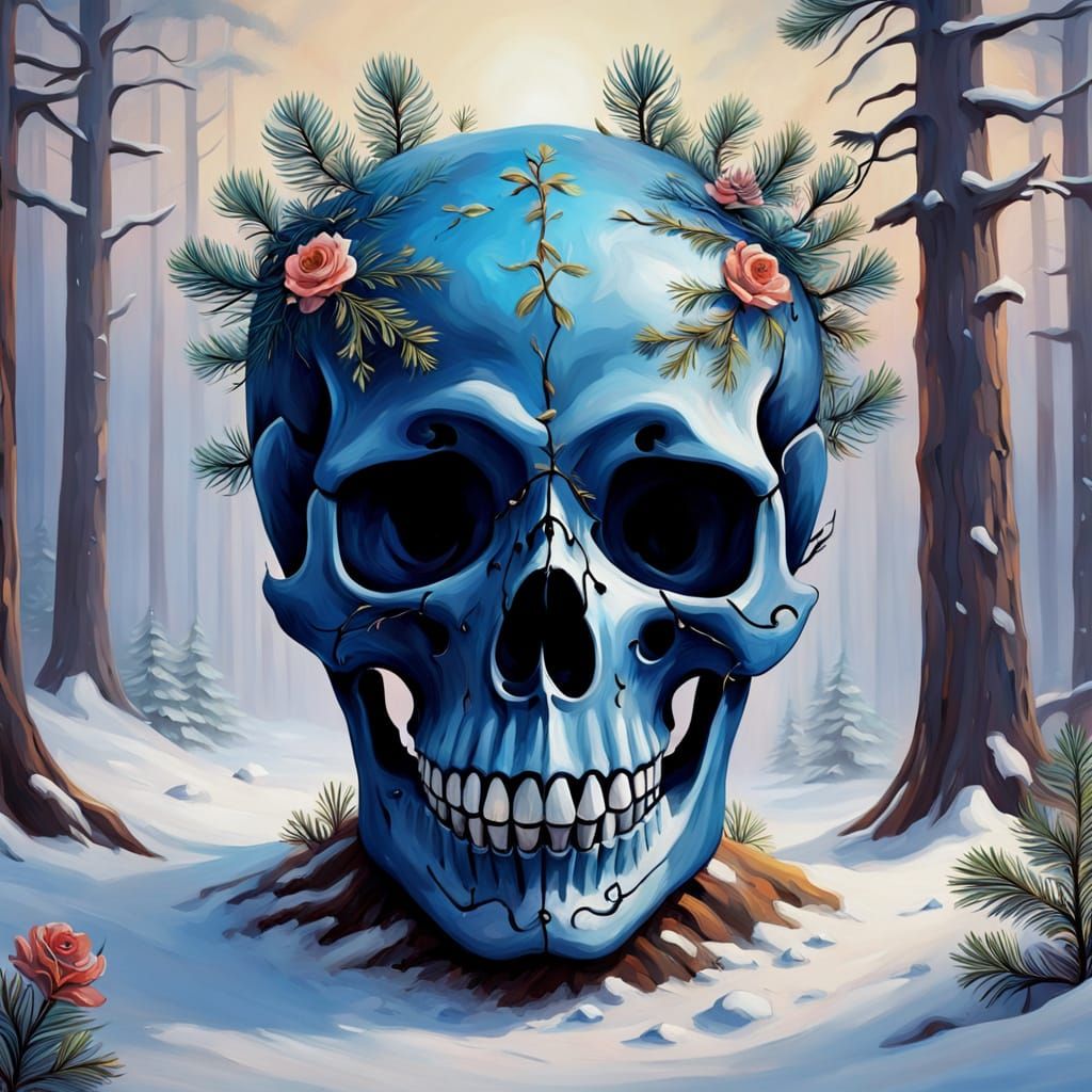 Floral Skull in Snowy Forest: Magical Realism