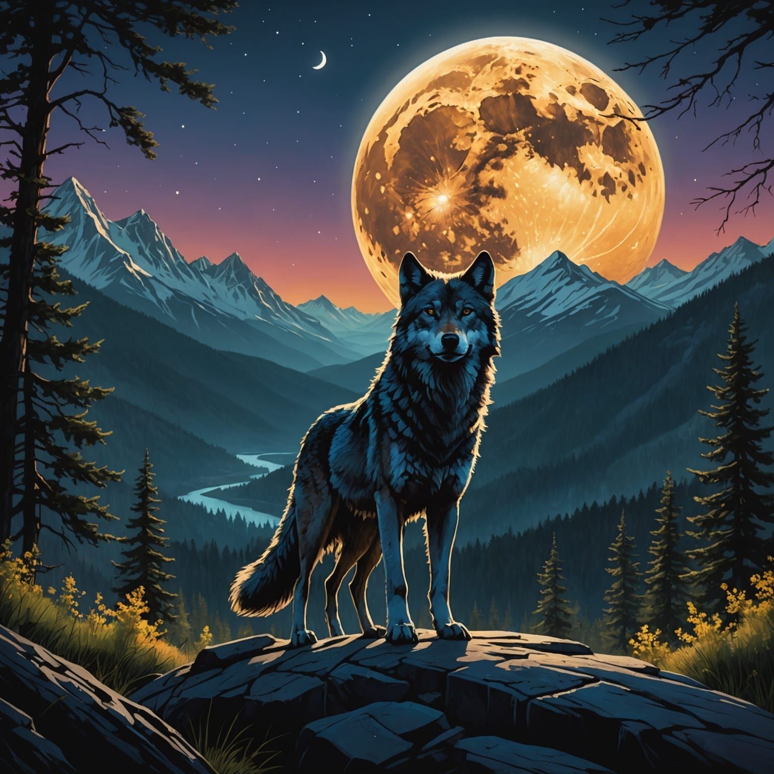 Wolf Silhouette Under Moonlit Mountains: Hyperrealistic Spla...