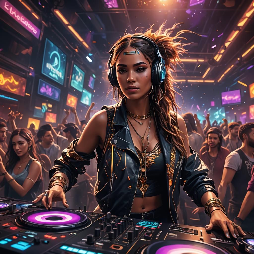 DJ Girl Entertaining Crowd: Detailed Matte Painting