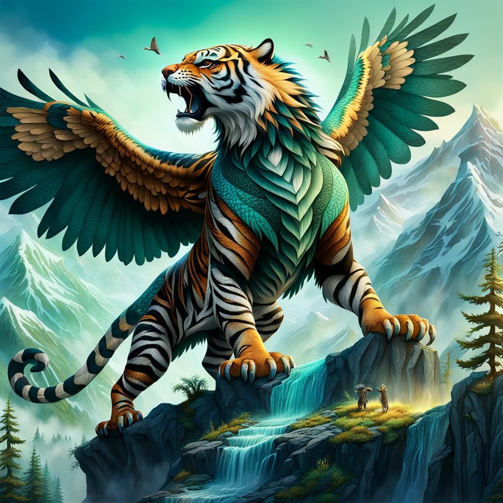 Majestic Tiger-Eagle-Bear-Snake Hybrid on Misty Peak