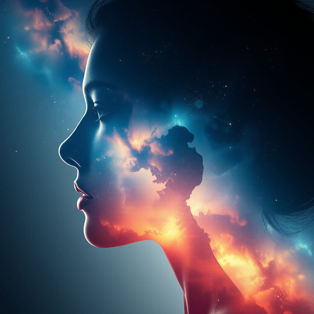 double exposure, a universe on a silhouette woman face, impr...
