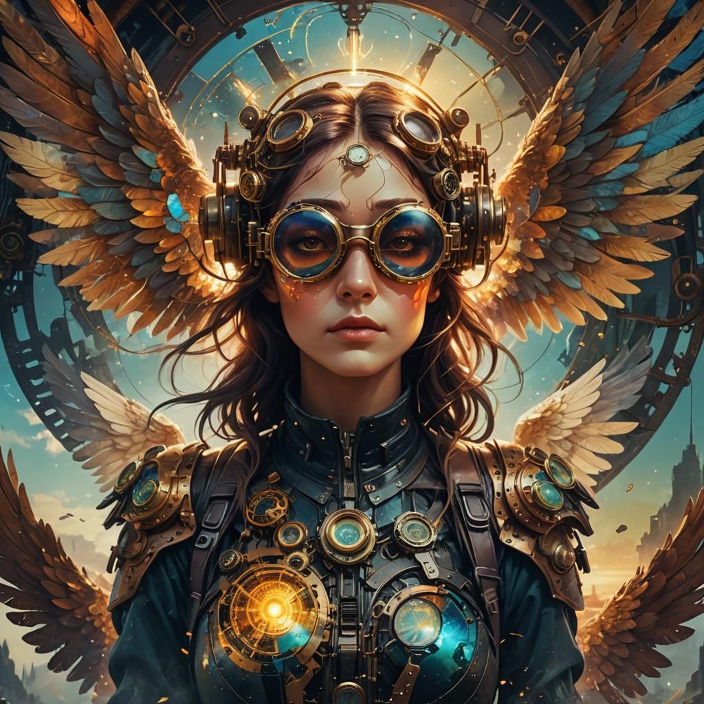 Steampunk Android Angel Soaring Through Landscape