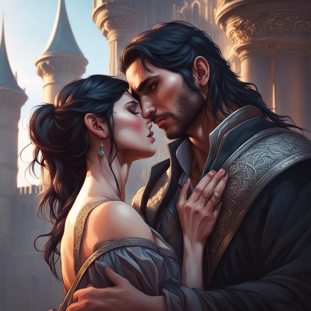 Goth Couple Embrace in Castle, Detailed Portrait