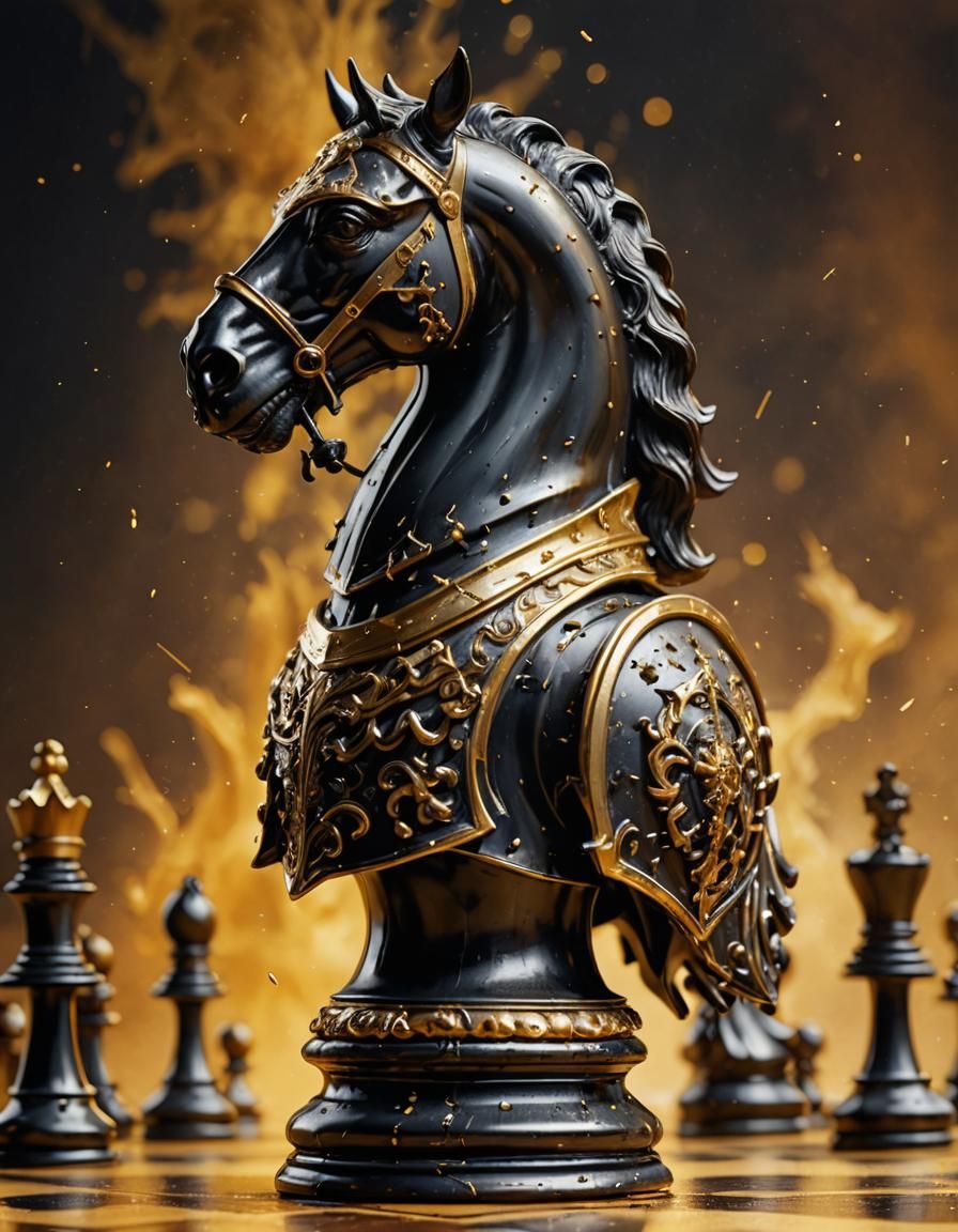 Hyperrealistic Black and Gold Knight Chess Piece