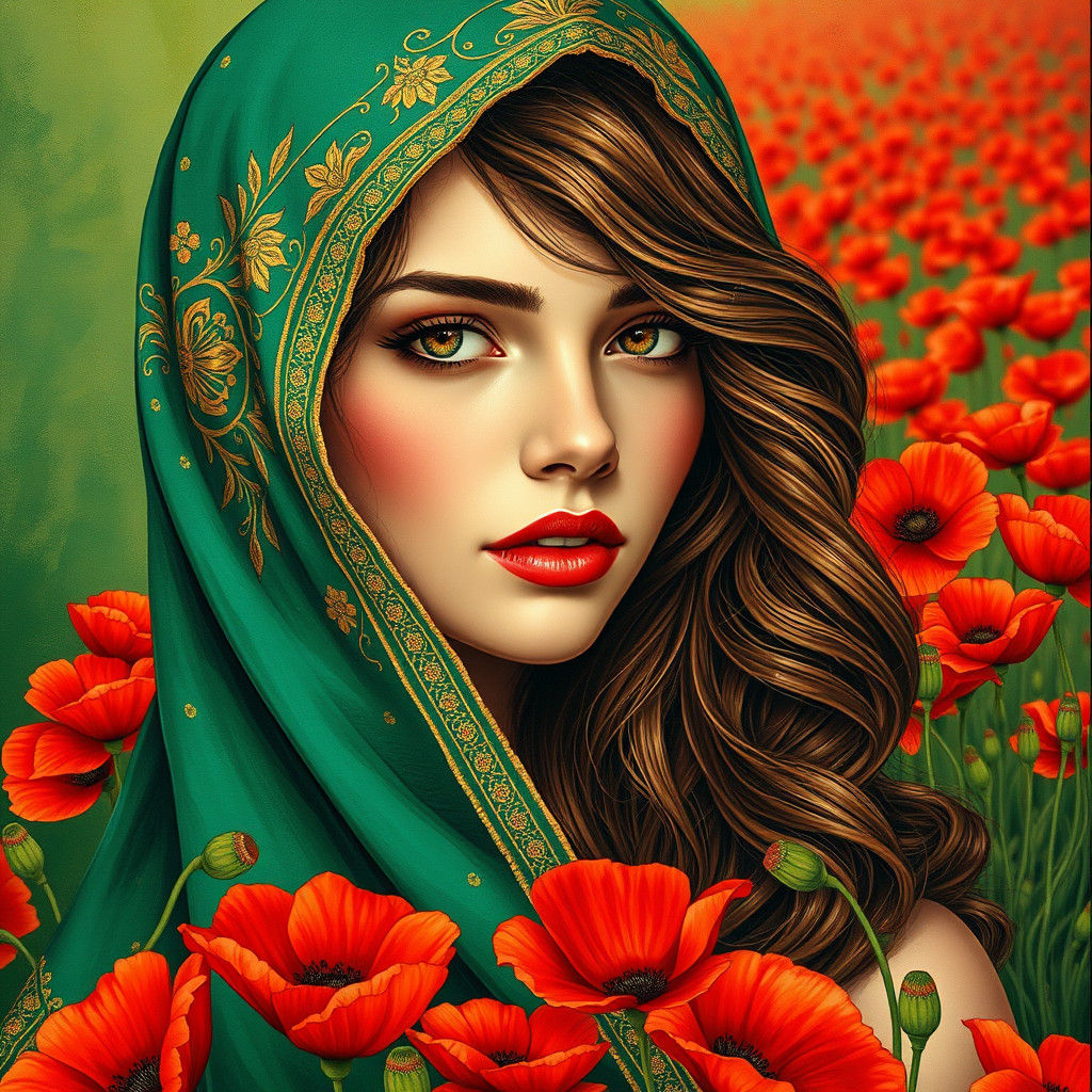 Art Nouveau Woman with Poppy Field, Graffiti Style