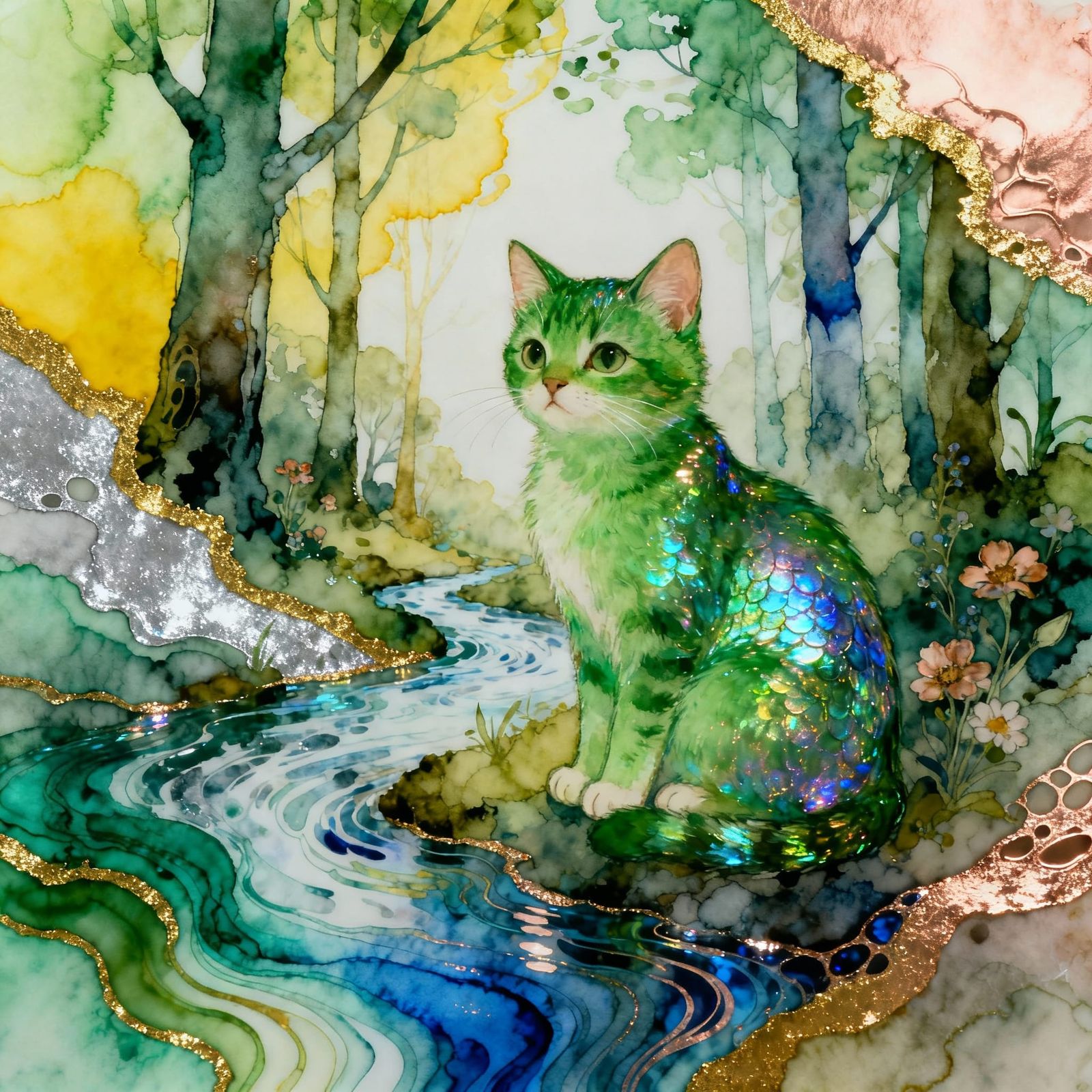 Green Kitten in Magical Forest, Iridescent Alcohol Ink Style