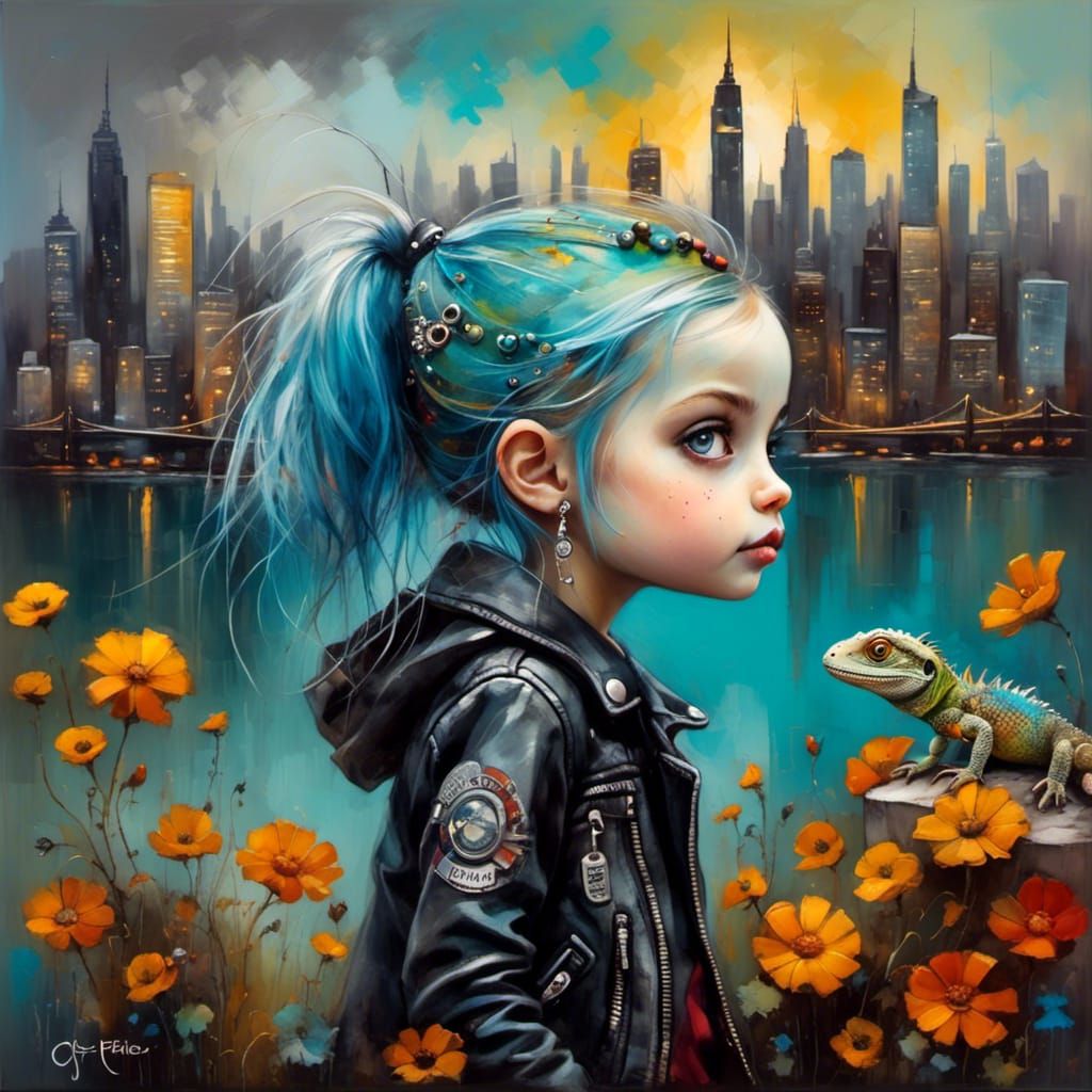 Colorful Punk Rock Girl with Lizard Illustration