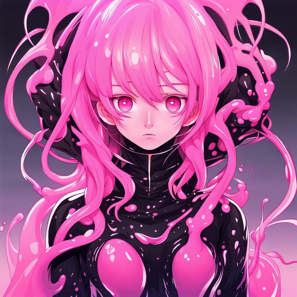 Pink and Black Gradient Slime Girl in Anime Style