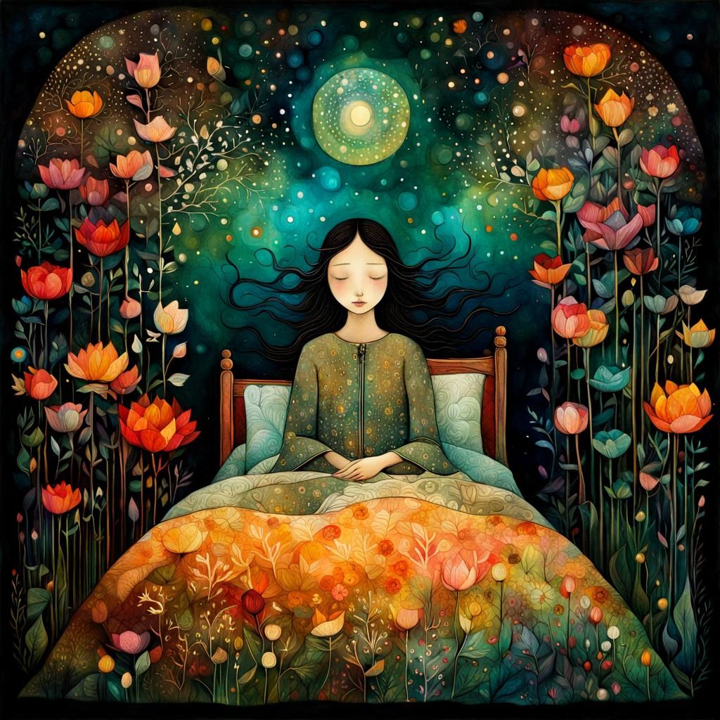 Girl's Sweet Dream in Whimsical Folk Art Style