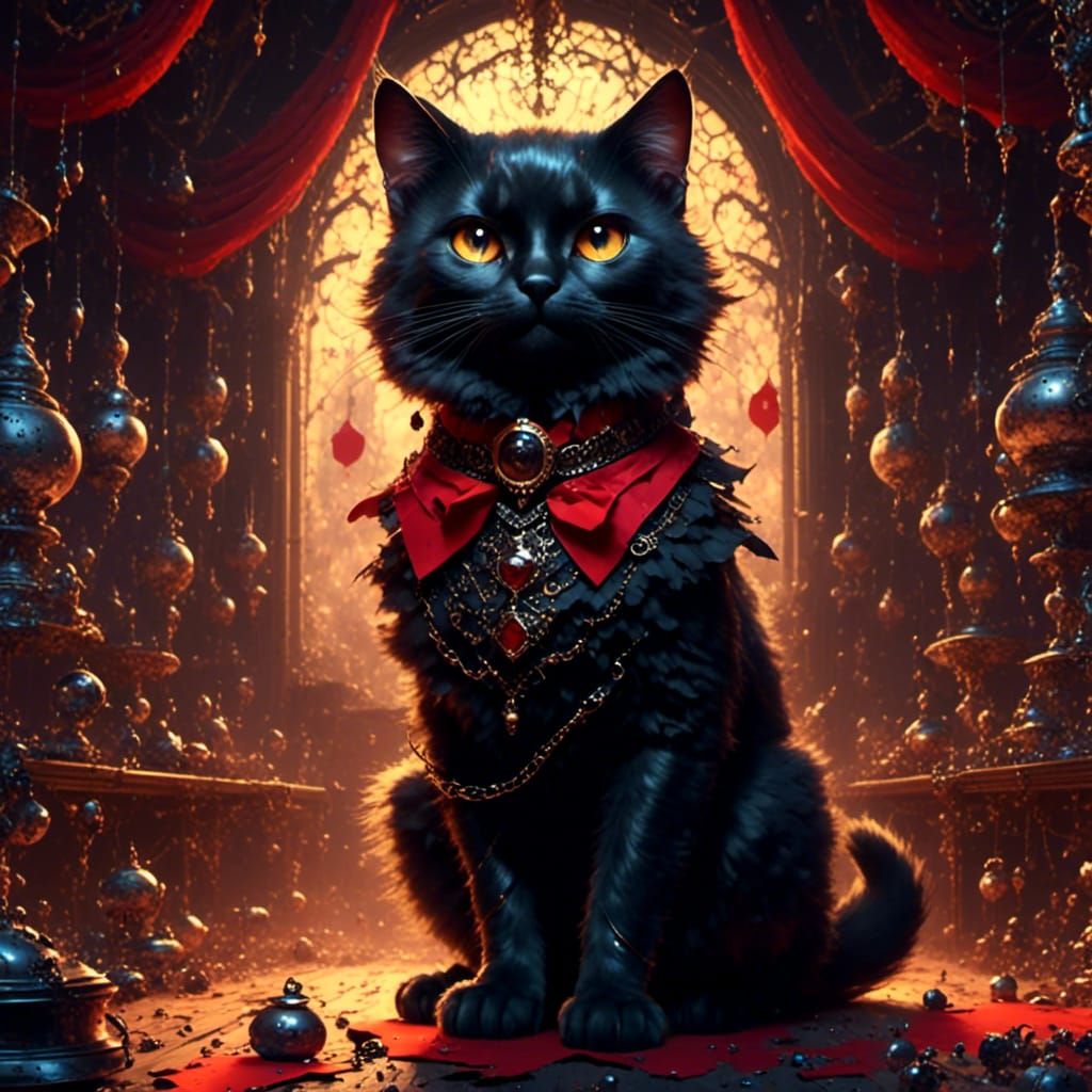 Gothic Black Cat with Red Collar in Fantasy Art
