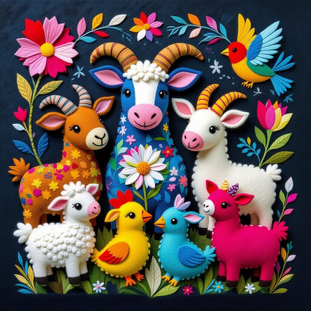 Farm animals made from colourful felt fabric. Amanda Sage sp...