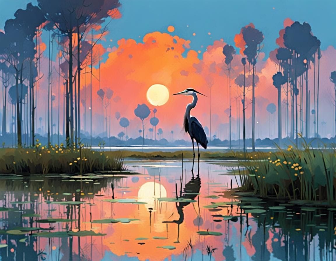 Heron in Marshland Digital Matte Painting