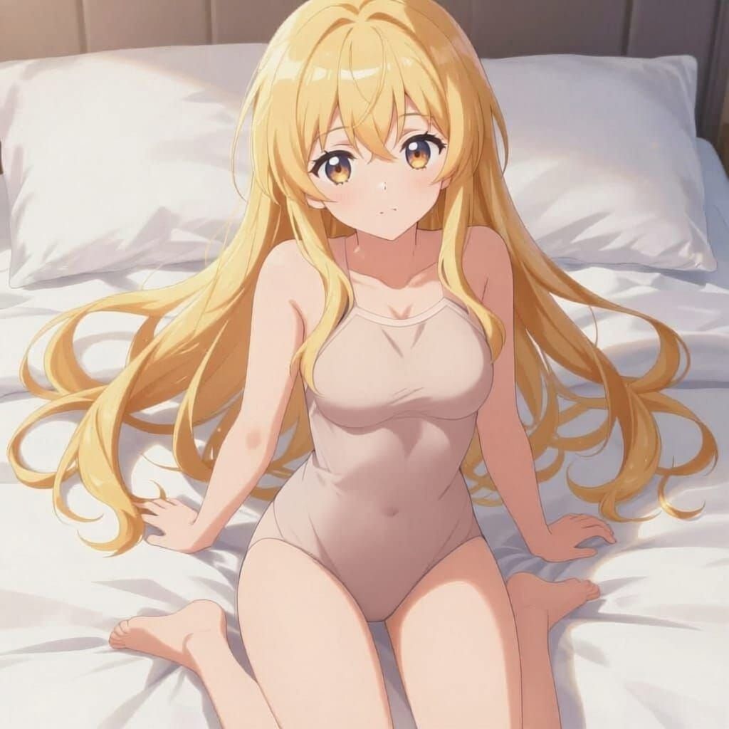 Beautiful Anime Woman in Blue Swimsuit on White Bed