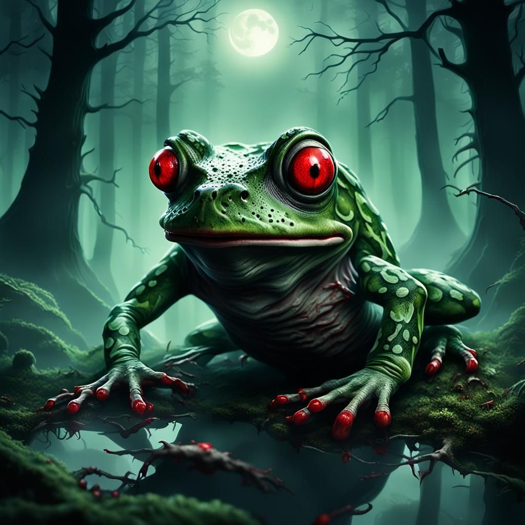 Zombie Frog Eats Fly in Misty Forest