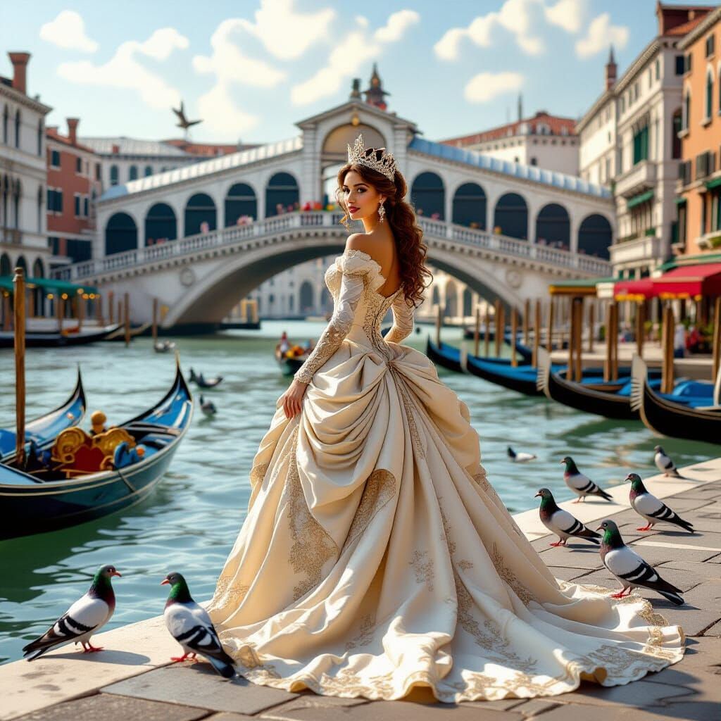 Marble Statue of Woman by Venetian Waterfront in Classical S...