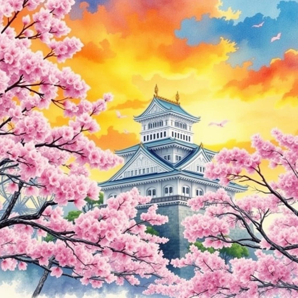 Enchanted Osaka Castle in Whimsical Japanese Dreamscape Styl...