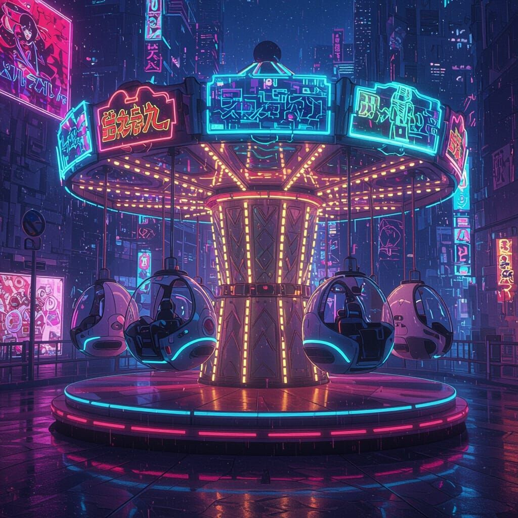 Futuristic Neon Carousel with Levitating Pods