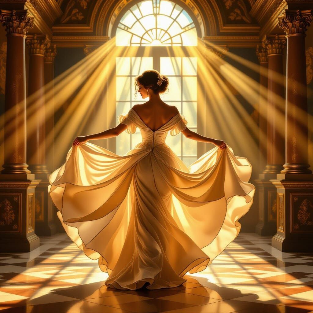 Elegant Woman Dancing in Palace Sunlight, Renaissance Style