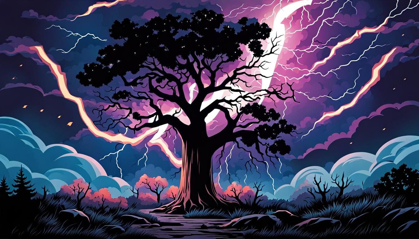 Dramatic Cartoon Lightning Strikes Tree on Rainy Night