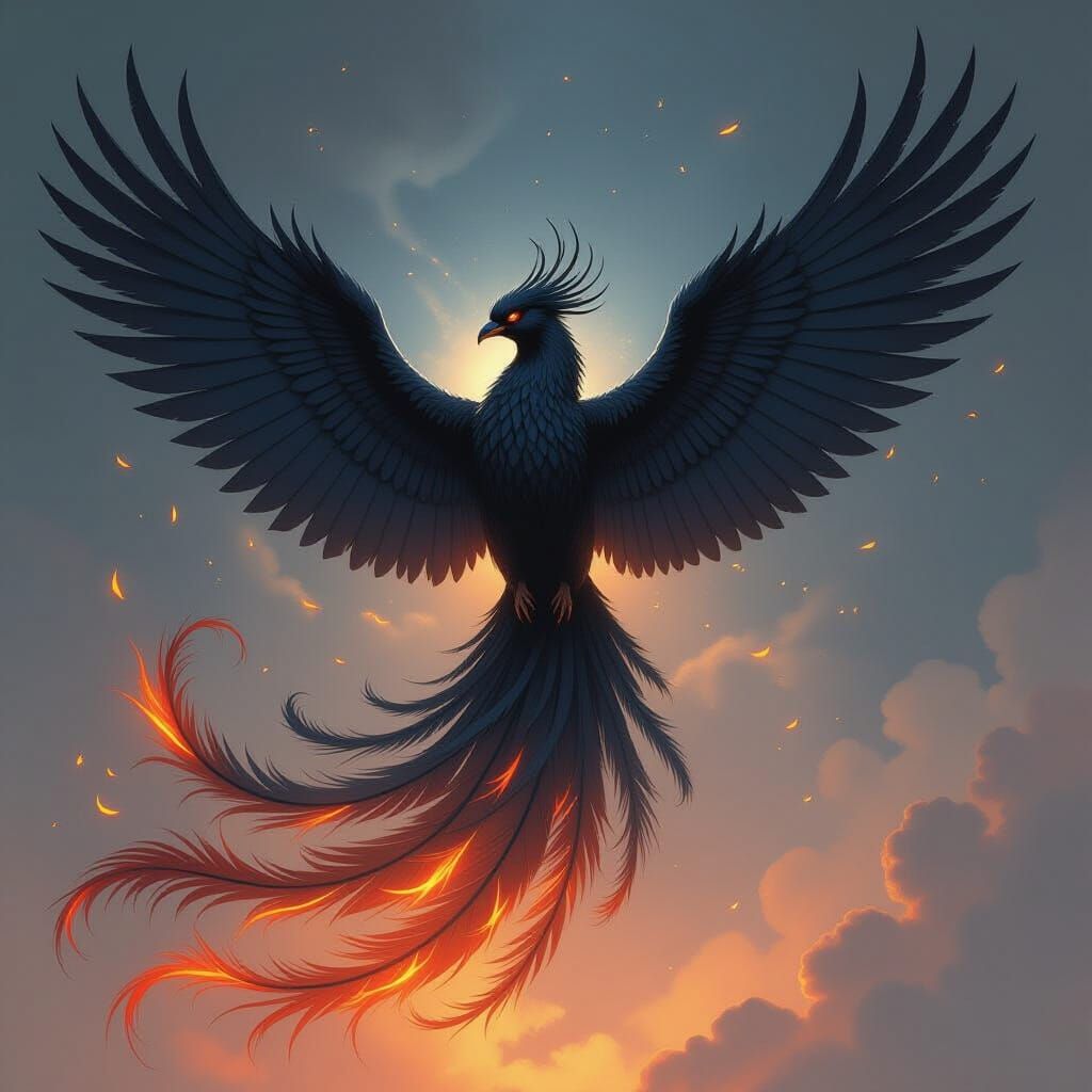 Majestic Black Phoenix in Fiery Plumage