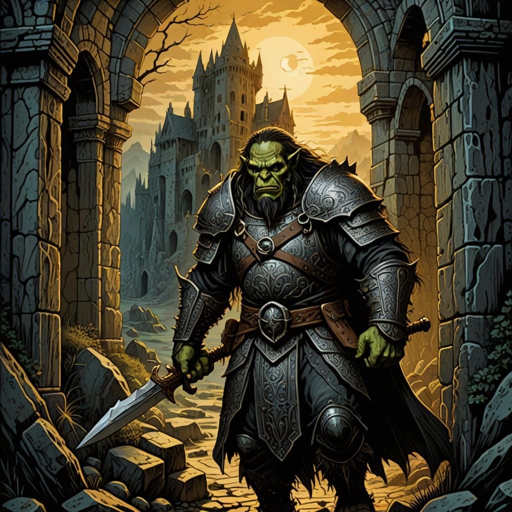 Orc Stalks Ancient Ruins in Gothic Woodcut Style