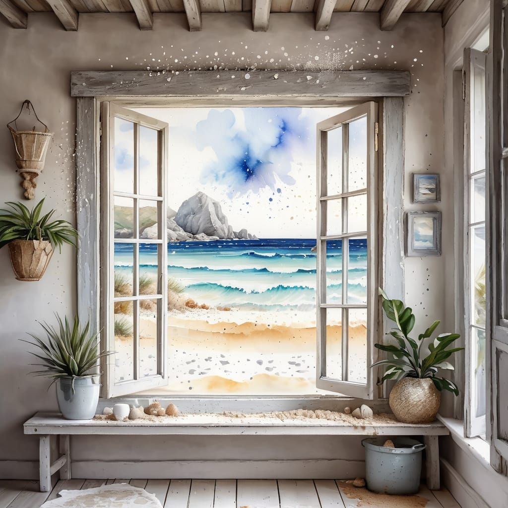 White Sand Beach from a French Window in Watercolour