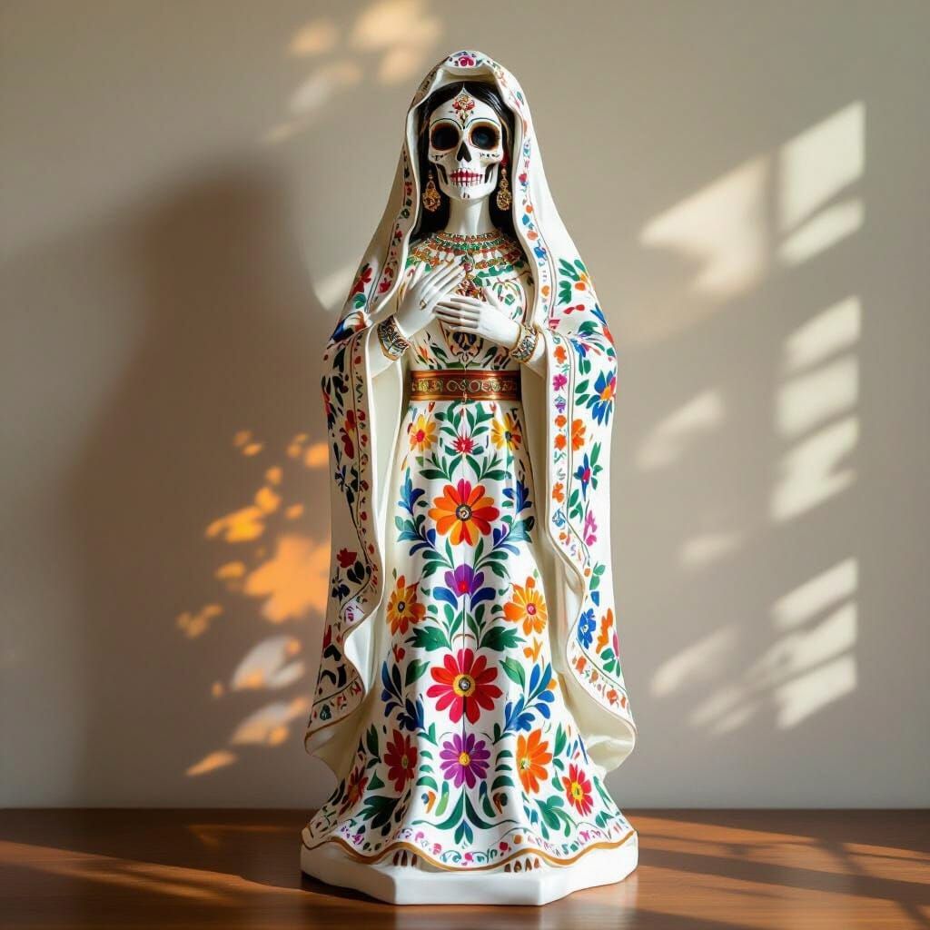 White Santa Muerte Sculpture in Mexican Style