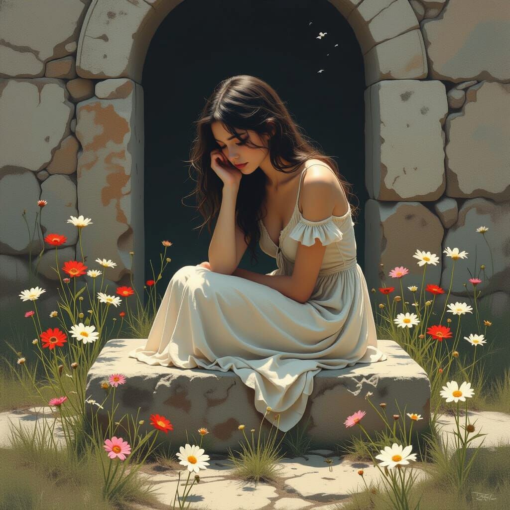 Melancholic Woman's Heart as Barren Tomb, Faded Flowers