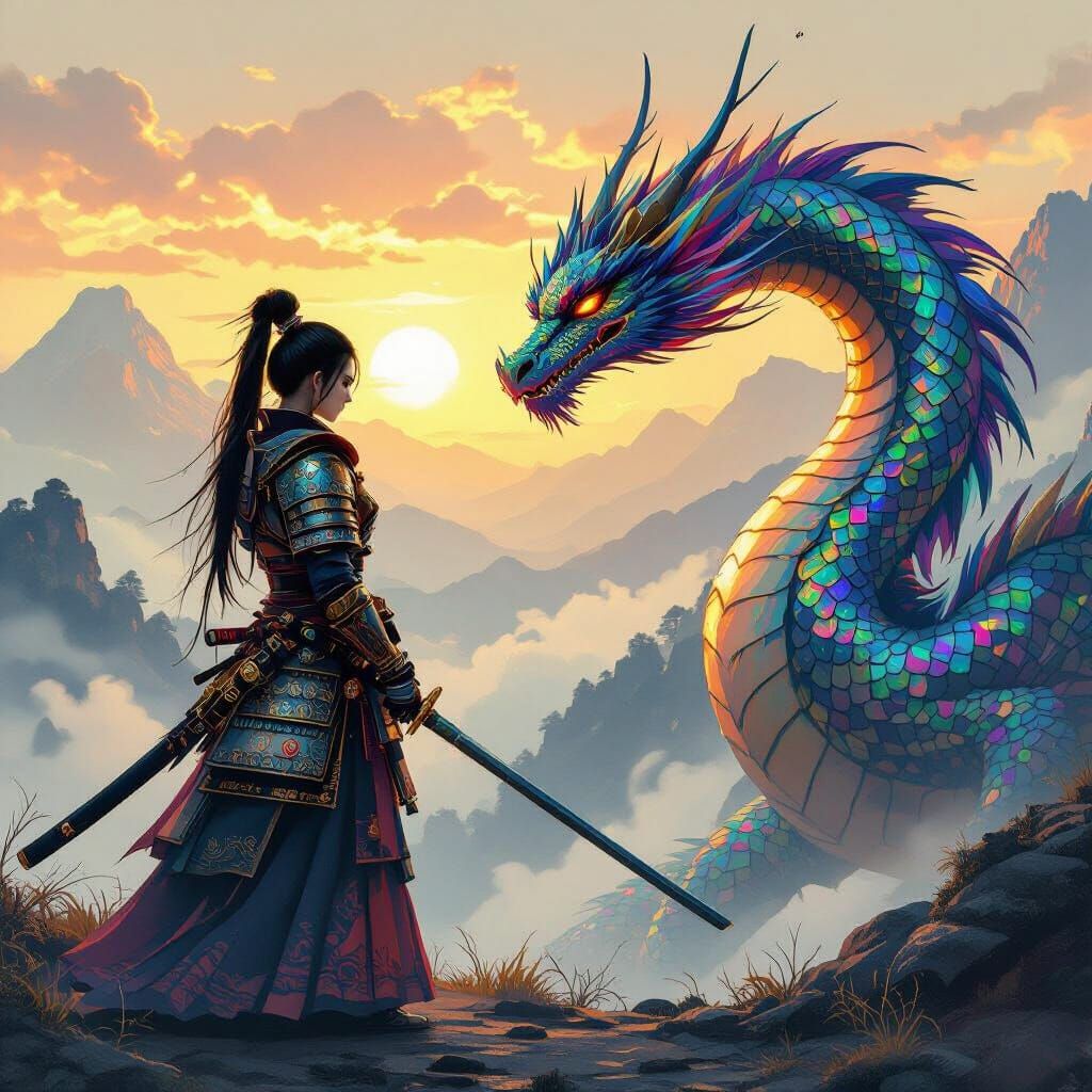 Samurai Warrior and Dragon in Misty Mountains
