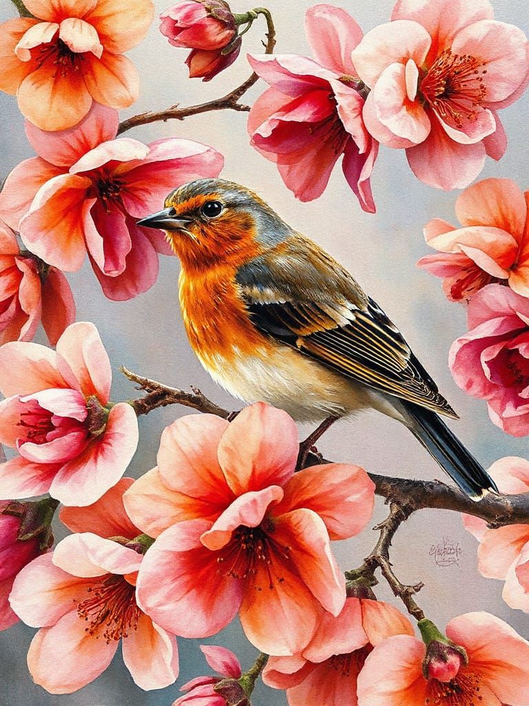 Bird on Floral Branch, Mixed Media Painting
