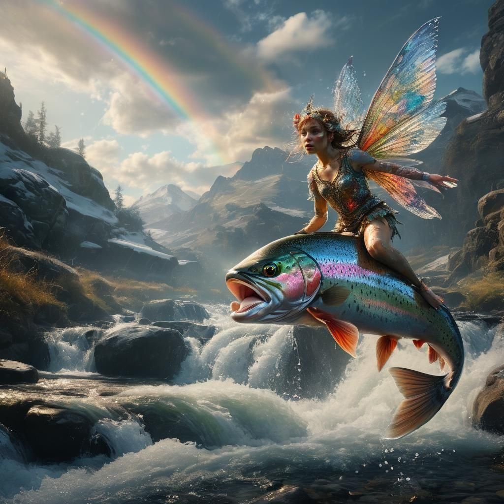 Fairy Rides Rainbow Trout in Anime Style