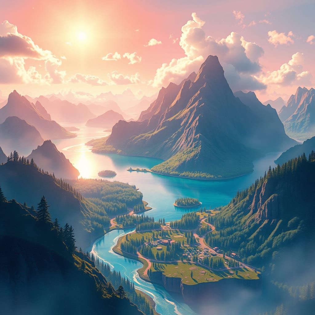 Dreamy Watercolor Landmass in Vibrant Mauve and Cyan