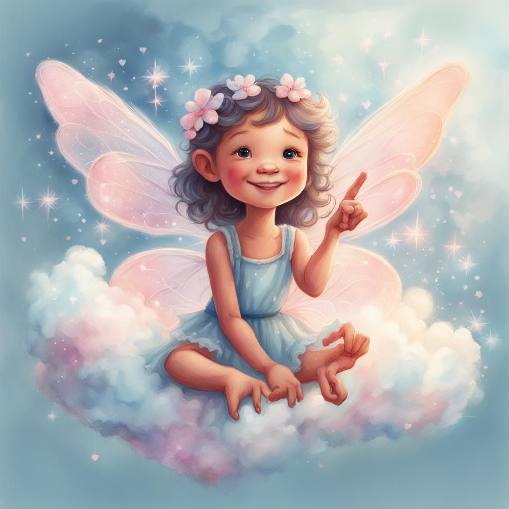 Fairy Creates Heart Cloud in Watercolor Style