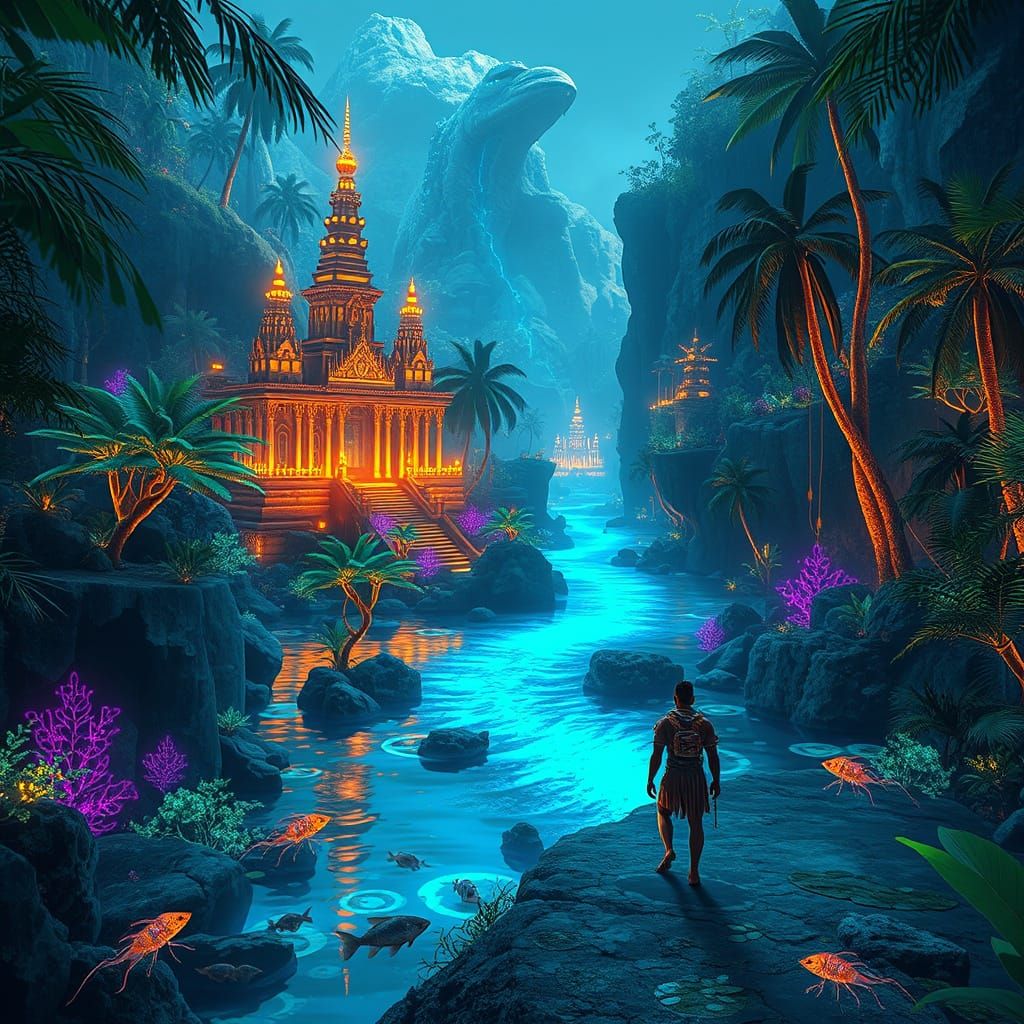 Bioluminescent Jungle with Futuristic Temples and River