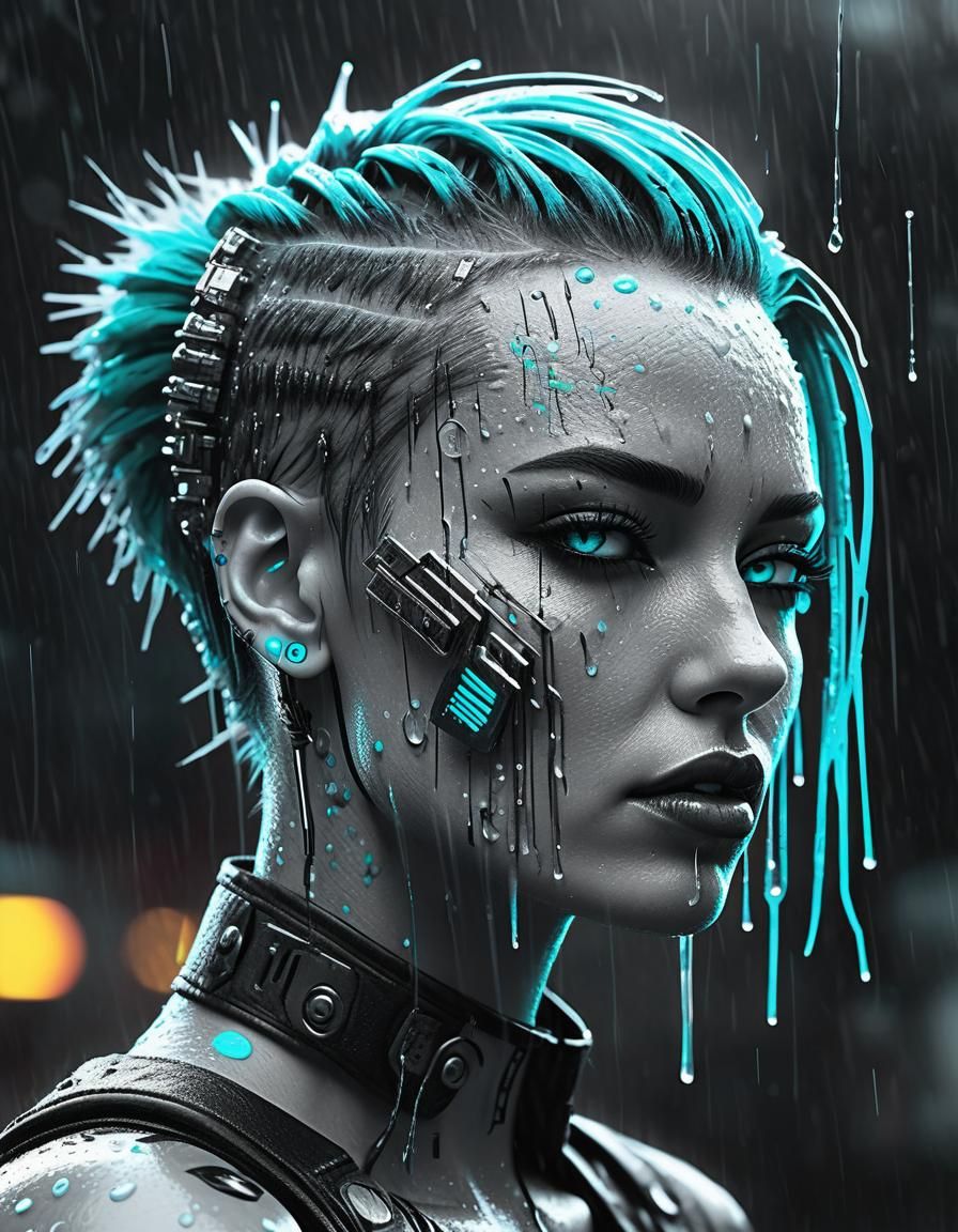 Cyberpunk Girl with Neon Implants in Selective Color Art