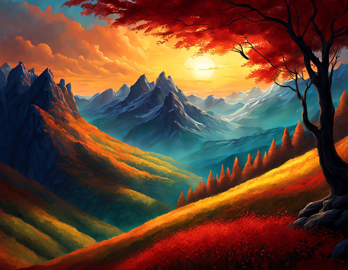 Vibrant Fantasy Landscape with Copper Sun and Lush Valley