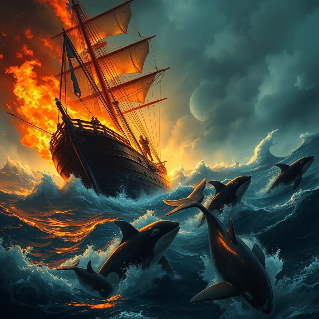Sailing Vessel Ablaze Amidst Menacing Killer Whales