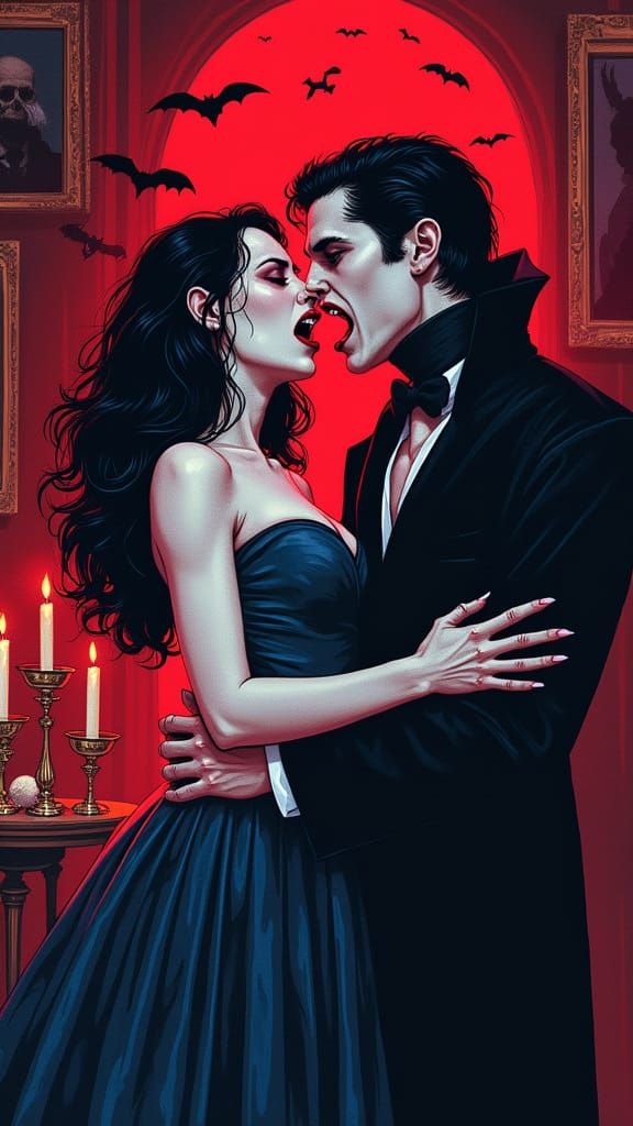 Retro Gothic Vampire Embrace in Pixelated Embroidery Art