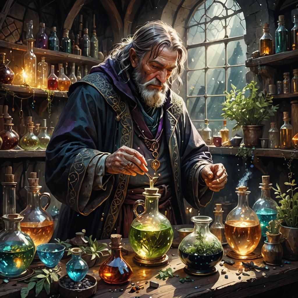 Medieval Alchemist Brewing Potion with Magic Sparkles