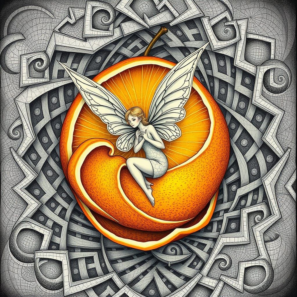 Faerie in Orange Peel, Escher-Inspired Op Art