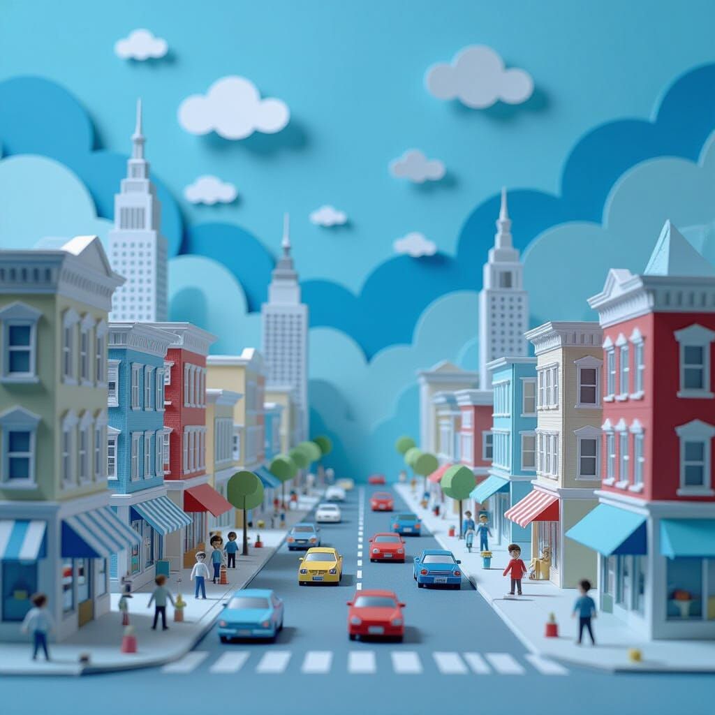 Whimsical Paper City Street Scene