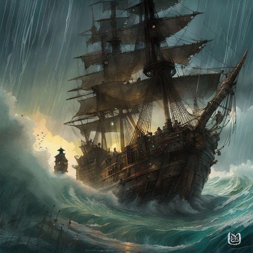 Pirate Ship Amidst a Stormy Sea