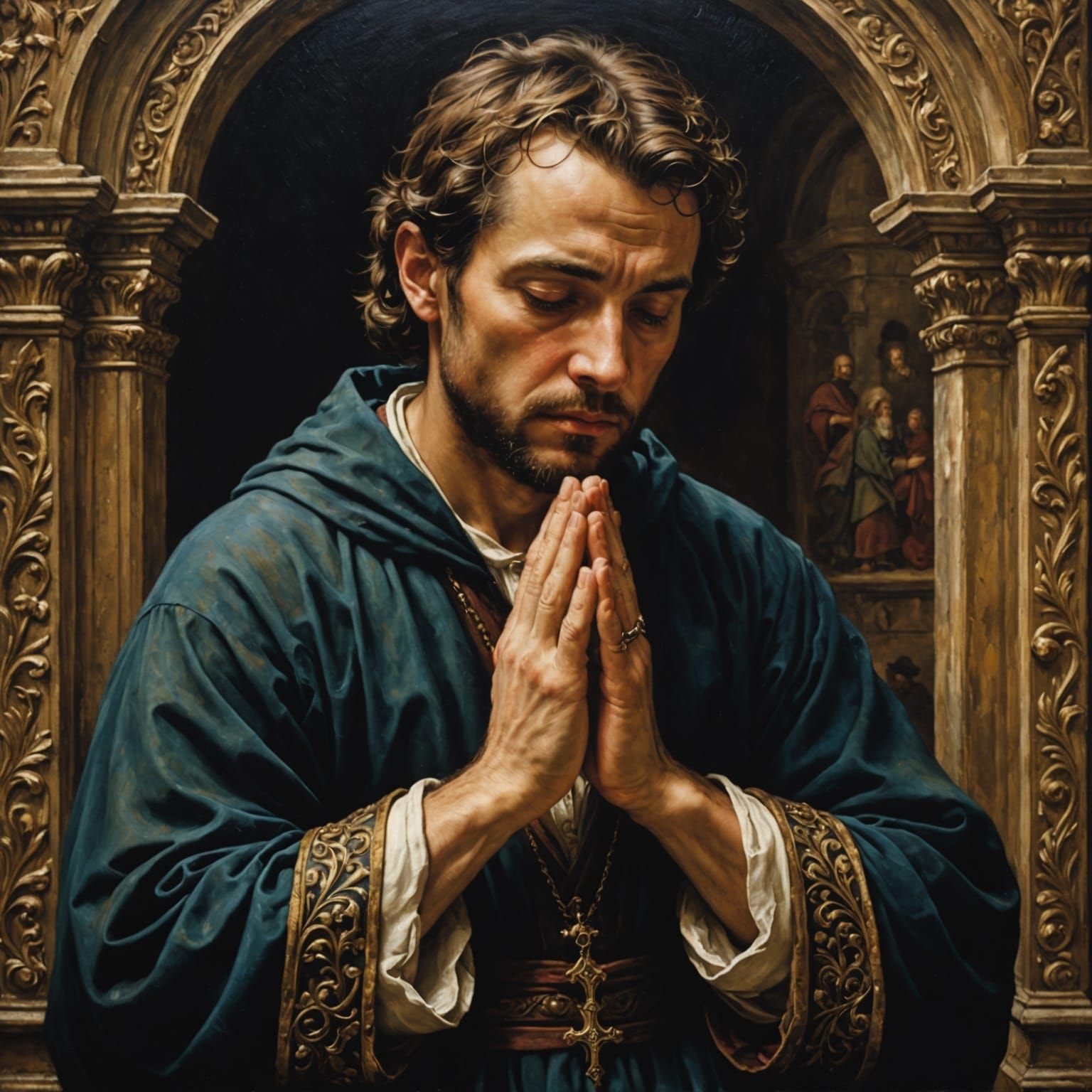 A Man in Devout Prayer in Renaissance Oil Painting Style