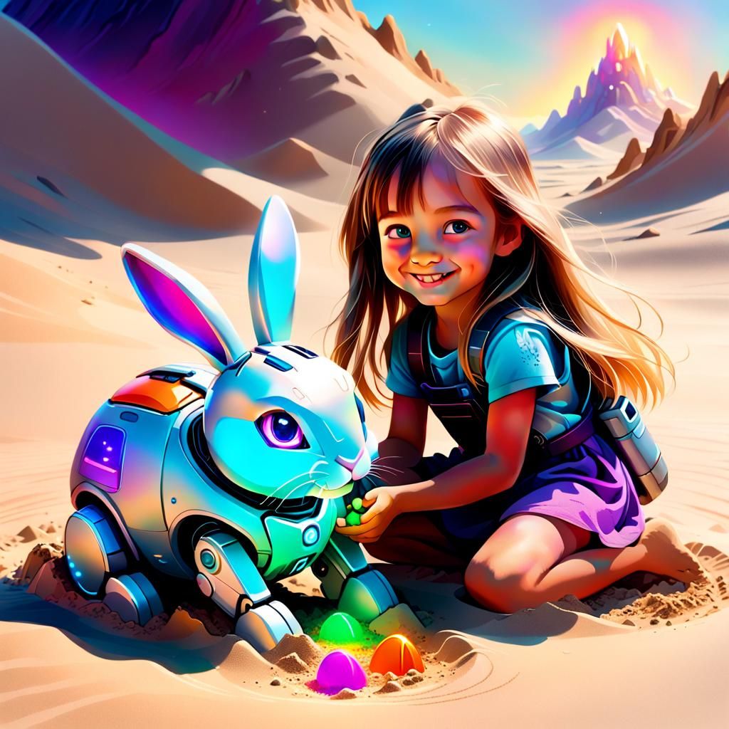 Child and Robot Bunny Play in Sand: Digital Art