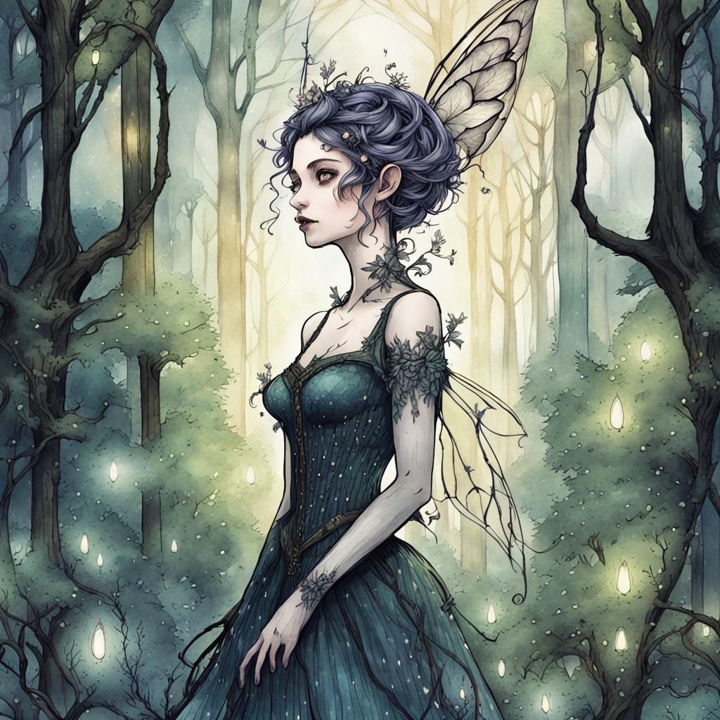 Pixie in Gothic Glass Forest: Ink and Watercolor