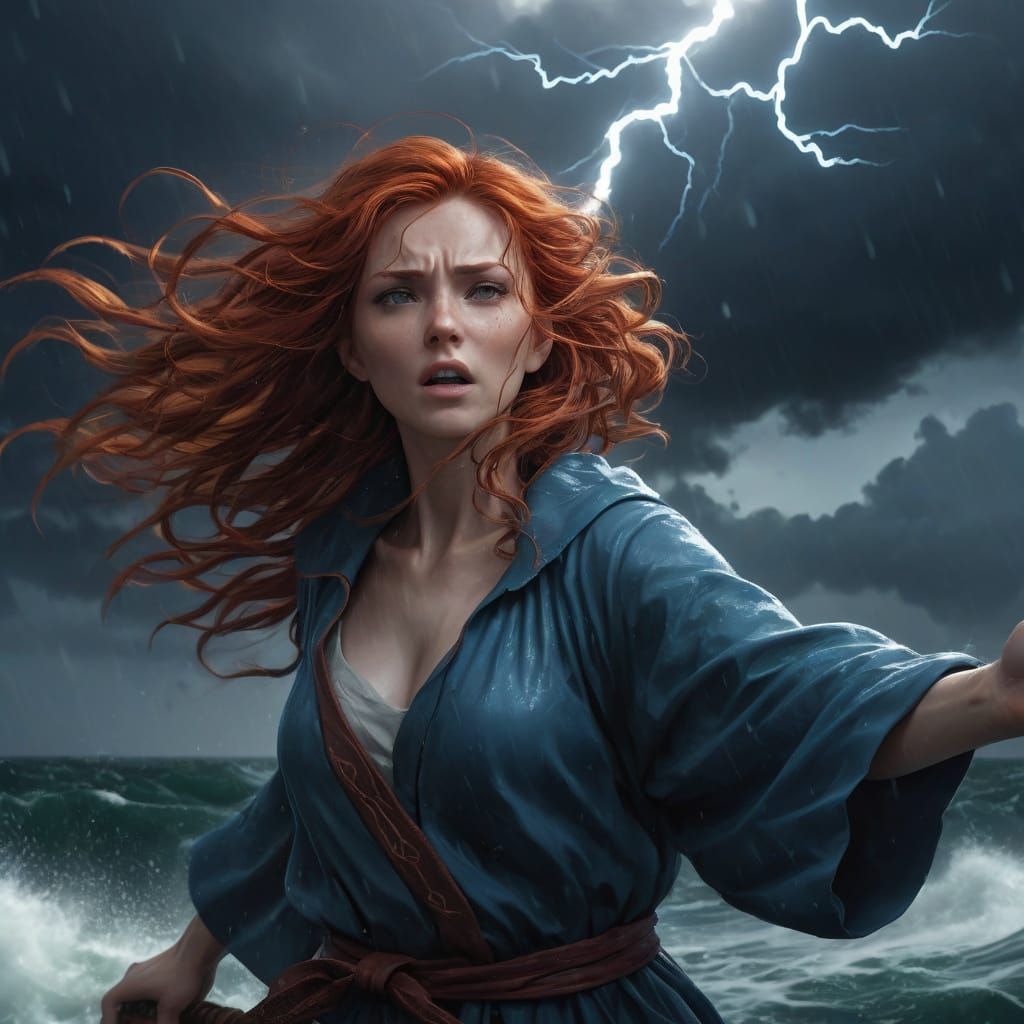 Mystic Redhead Confronts the Stormy Sea