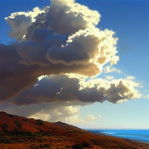 White Clouds in Blue Sky, Oil Painting Style